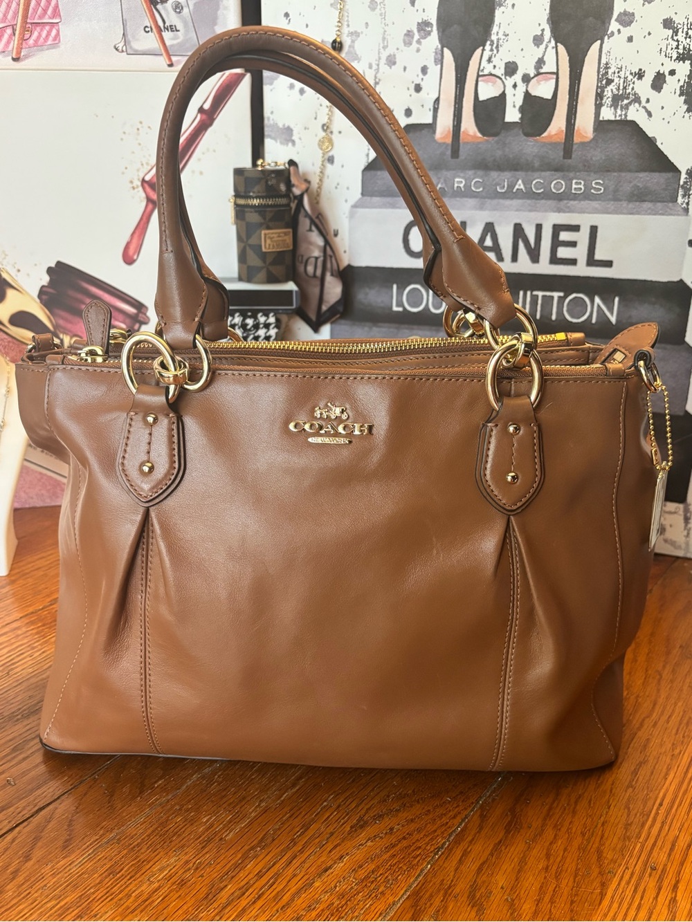 Coach Colette F33447 Saddle Leather Carryall Satchel Gold Hardware